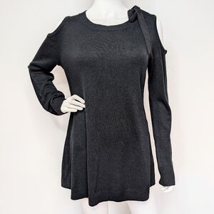 Black Cold Shoulder Long Length Sweater Or Sweater Dress With Chiffon Tie